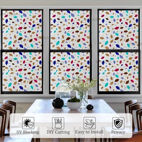 Image of WISDOM Premium Frosted Glass Window Film Self Adhesive Decorative Glass Window Privacy Sheet Film UV Control Removable Vinyl Privacy Film (Color Leaves, 24x200 Inch)