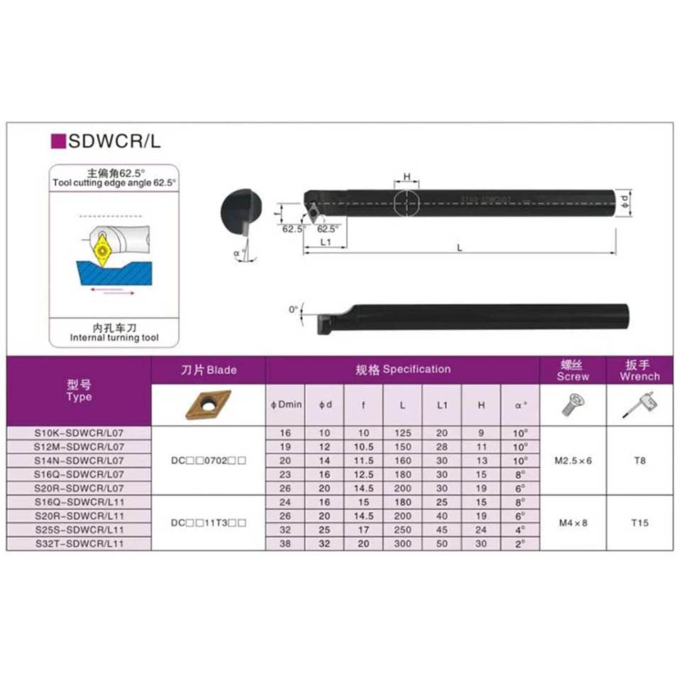 1pc S10K-SDWCR07 S12M-SDWCL07 Internal Turning Tools Holder S16Q-SDWCR11 S20R-SDWCR11 CNC Lathe Cutting Tools Inner Hole Boring Bar(SDWCL11,S16Q)