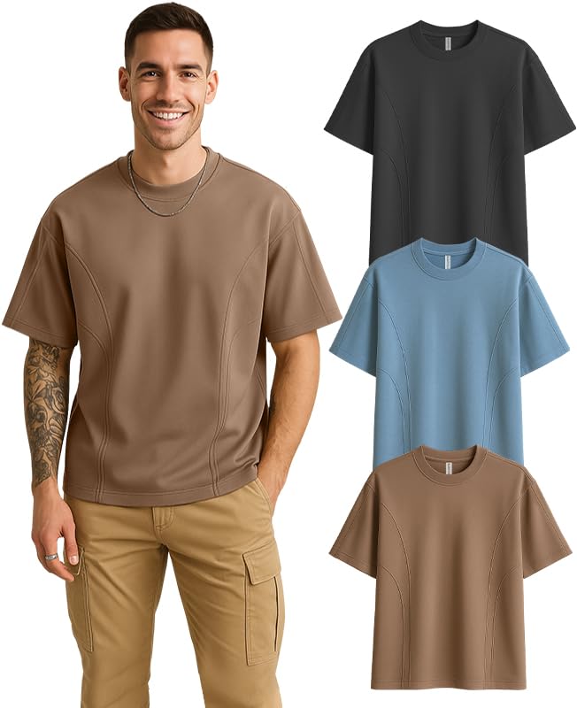 Image of Sleepynuts Men 220 GSM 100% Pure Cotton Oversized Baggy Fit Drop Shoulder Round Neck T-Shirt Pack of 3 (Toffee Brown, Smoky Grey, Dusty Blue-M)