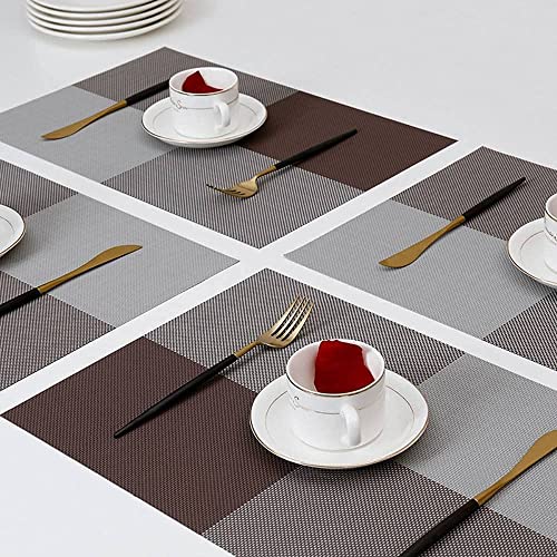 Image of Anugrah Dining Mats Table Mats PVC Placemats Heat-Resistant Placemat for Dining Tea Table Woven Vinyl Stain Resistant Table Mats Easy to Clean - 45x30 cm (Brown Checks, 4)