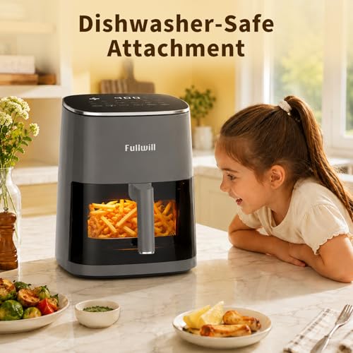 Image of Fullwill 6QT Air Fryer, view window, 12-in-1: air fry, roast, bake, dehydrate. Nonstick, DW-safe basket. Max 400F, 1700W. Darkgray. For parties.