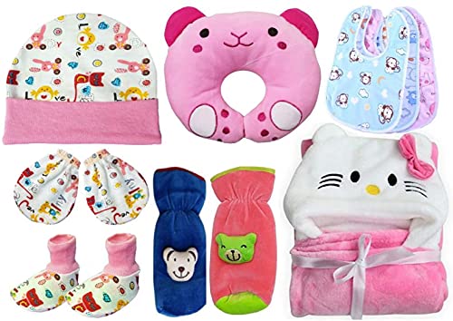 First Kick Combo of New Born Baby Cotton Durable Blanket, Pillow, Bibs, Bottle Cover, Cap, Mitten and Socks for Baby Boys and Baby Girls(Starts0-12 Months) Pack of 10 Units Multicolor