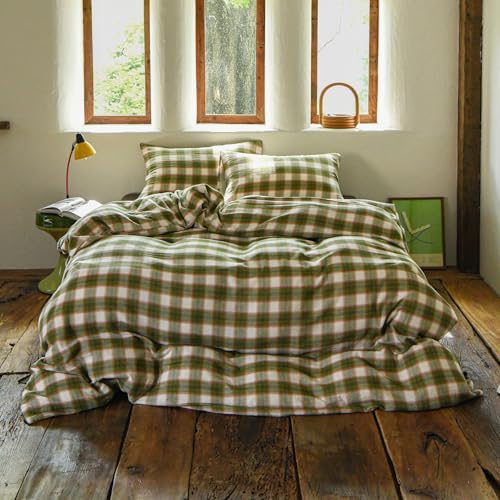Image of EAVD Vintage Style Gingham Duvet Cover Full Soft 100% Muslin Cotton Yarn-Dyed Textured Chic Pink&Green Grid Plaid Bedding Set with 2 Pillowcases British-Style Plaid Duvet Cover with Zipper