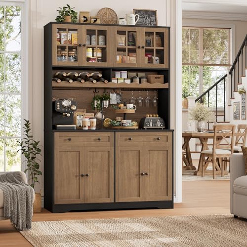 Image of HOSTACK 75.4 inch Tall Kitchen Pantry Cabinet with Charging Station, Modern White Kitchen Hutch with Microwave Stand and Wine Rack, Large Food Pantry Storage Cabinet with Glass Doors and Drawers, Brown