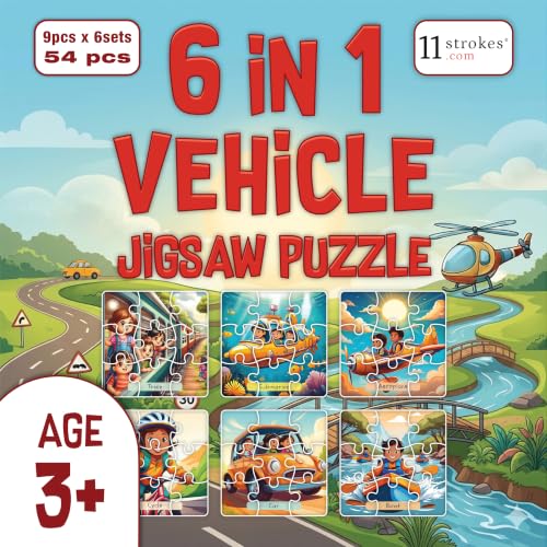 Image of 11 Strokes 6 in 1 Vehicles Jigsaw Puzzle for Kids Age 3+ | 54 Pieces | Car Bus Train Aeroplane Ship Truck | Premium MDF | Educational Toy for Toddlers