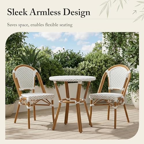 Image of PURPLE LEAF Outdoor Dining Chair Set of 4 Patio French Aluminium Frame in Champagne Finish with White & Gray Woven Rattan for Indoor Kitchen Deck Bistros Cafe Restaurant
