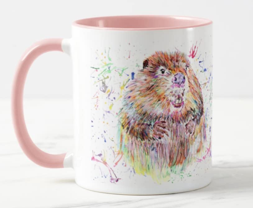Vixar Beaver Watercolour Art Coloured Mug Cup Gift Birthday Work Office Christmas Tea Coffee (Pink)