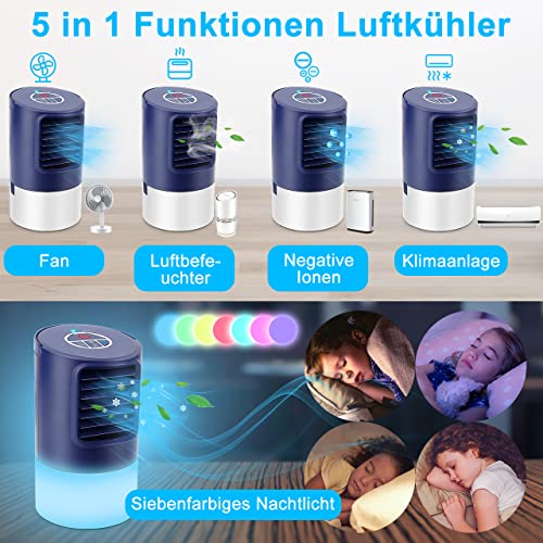 climatiseur portable, 4 en 1 mini refroidisseur d'air à ventilateur de refroidissement, con 3 velocità,timer 2/4h, 7 colori luce, per casa e ufficio,cadeau d'été spécial