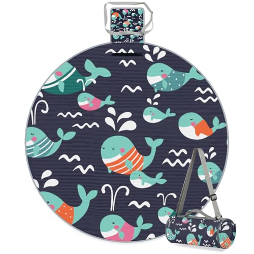 Shimoshe Cute Dolphin Picnic Outdoor Blanket Foldable Waterproof Sandproof Beach Blanket Portable Water-Resistant Round Picnic Mat for Travel Camping Park Lawn