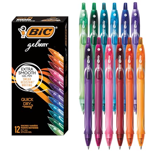 BIC Gelocity Quick Dry Assorted Colors Gel Pens, Medium Point (0.7mm), 12-Count Pack, Retractable Gel Pens With Comfortable Full Grip