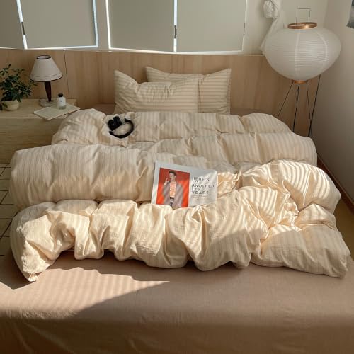 Image of mixinni Retro Striped Duvet Cover Set Twin XL Size - 100% Washed Cotton Beige Duvet Cover with Black White Stripes, Soft Breathable 3 Piece Comforter Cover with Zipper Closure & Corner Ties