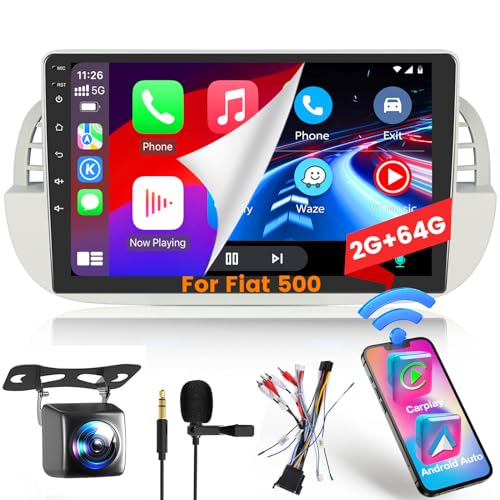 Hikity - Draadloze Carplay autoradio voor FIAT 500 2007-2015 met 7 inch touchscreen Android 13 autoradio met navigatie Bluetooth WiFi USB FM RDS achteruitrijcamera Canbus (wit