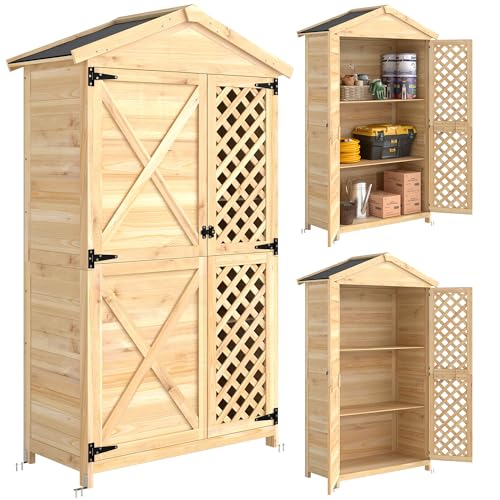 Outsunny Armadio da Giardino in Legno di Abete con Kit Antiribaltamento, Casetta Porta Attrezzi da Esterno con Ante Ventilate, Ripiani Rimovibili, Tetto Inclinato Asfalto, 101.5x49x176 cm, Color Legno