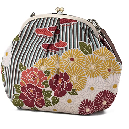 Vintage Kiss Lock Purses and Crossbody Bag (Large/Retro Flower Blue) / Made in Japan Japanese Evening Clutch Buckle Purse Shoulder/for Woman