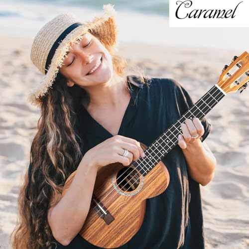 Image of Caramel - 26 inch Tenor Striped Grain Acacia KOA Ukulele CT207 Gigbag Beginner Kit | Handmade Ukelele Starter Kit