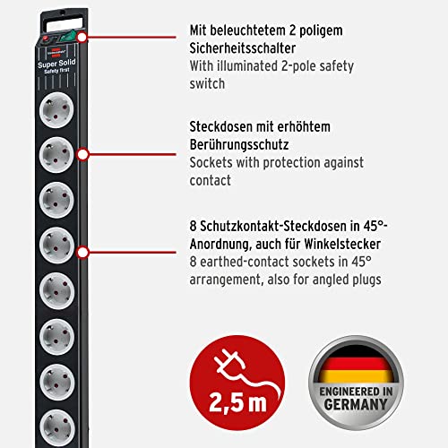 Brennenstuhl Super-Solid, Steckdosenleiste 8-Fach (2,5m Kabel und Schalter - aus bruchfestem Polycarbonat) schwarz/grau