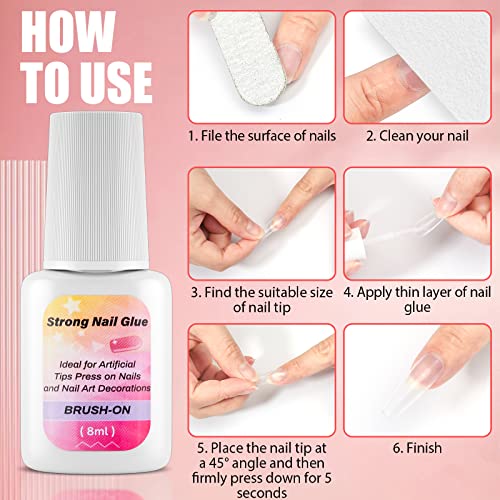 Strong Nail Glue For Press On Nails,2 X 8Ml Super Adhesive Brush-On Nail Glue For Acrylic Nails Tips, Broken Nail Repair, Nail Art Charms Decoration, Professional Long-Lasting Nail Bond Glue Gel #TOP6