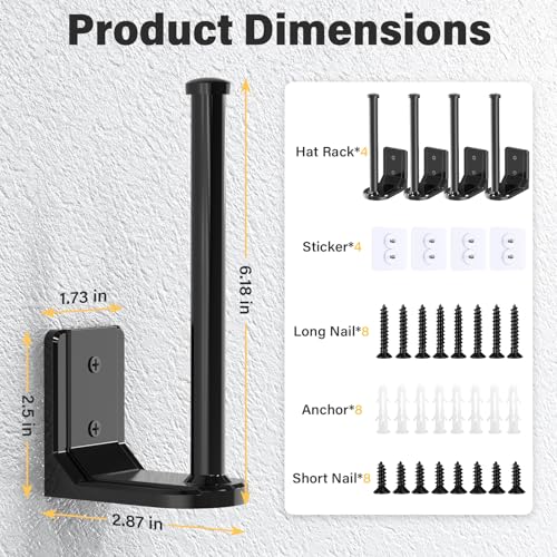 Ginyoyo 4 Pack Adhesive Hat Hooks, Adhesive/Drilling Hat Rack for Wall, Hat Storage for Baseball Caps, Hat Hanger Holder for Wall Organization and Storage, Black by Ginyoyo - Image 7
