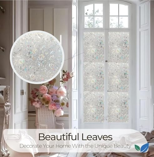 Image of CREON Frosted Privacy Window (12 X 26 Inch) Film with Tulip Flower Pattren & Stained Glass Design, Adhesive-Free for Home, Bathroom & Office