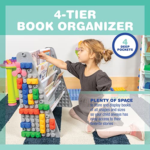 Uniplay Kids 4-Tier Book Storage Organizer With Sling Book Pockets, Plastic Sling Rack Bookshelf For Playroom, Fits Blocks, Gray/Pastel #TOP2
