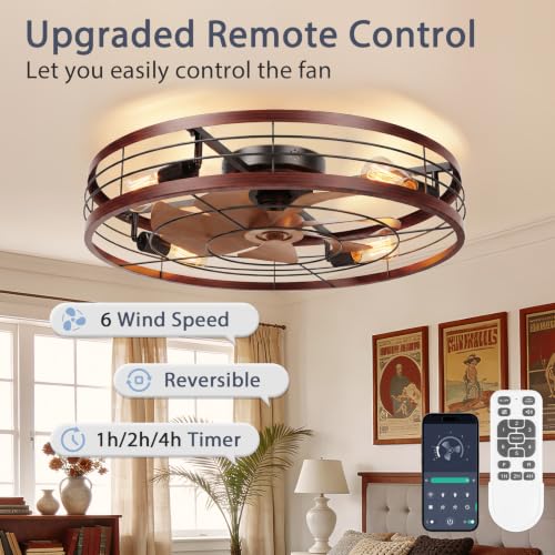 Image of VOLISUN 27.6'' Caged Ceiling Fan with Light and Remote,Rustic Low Profile Ceiling Fan with Light Flush Mount, Farmhouse Bladeless Fandelier Ceiling Fans with Lights for Kitchen,Bedroom-Wood