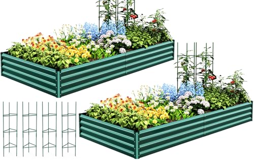 Image of Quictent Galvanized Raised Garden Bed 8x4x1 Ft Metal Planter Box for Vegetables Bottomless for Backyard, 2 Tomato Cages Included, Green 2PCS