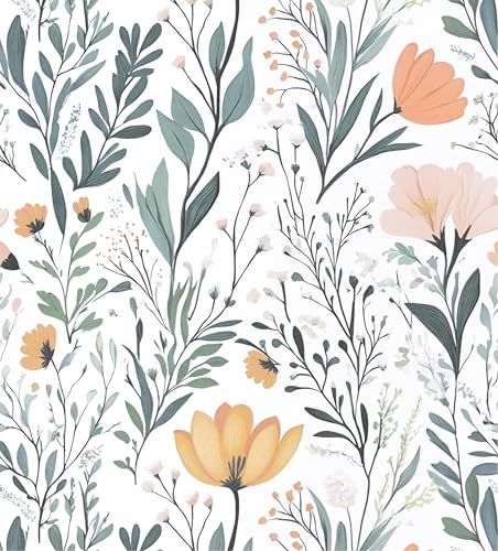 Green Floral Peel and Stick Wallpaper - Boho Flower Self Adhesive Contact Paper - Removable Vinyl Waterproof for Kitchen Mural - Modern Renter Friendly Decor for Nursery Bedroom Bathroom 17.5' X 118'