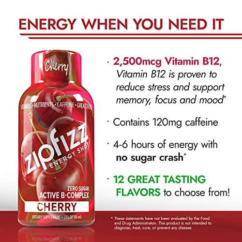 Zipfizz 2Oz Energy Shot - Cherry Flavor | Hydrating Electrolyte Drinks W/Liquid B12, Caffeine, Ginseng, And Vitamins | Low Carb, Gluten Free, Sugar Free Energy Drink (6 Pack) #TOP3