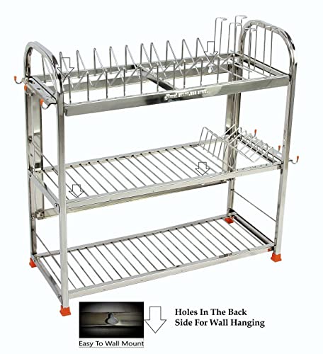 Image of AMOL Stainless Steel 3 Tier Dish Rack for Kitchen | Wall Mount & Countertop Plate Rack Organizer with Glass & Spoon Holder | Rust Proof Utensils Drying Stand (22 x 22 x 09 inches)