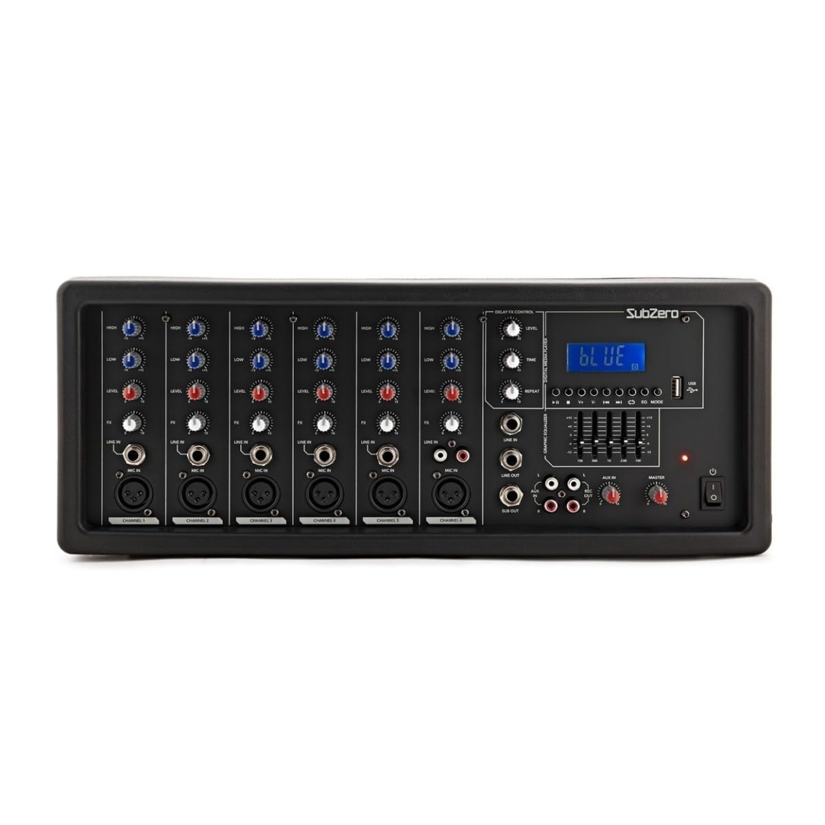 SubZero Mezclador autoamplificado con reproductor multimedia digital | Seis canales con entradas XLR y jack, reproductor MP3 integrado con Bluetooth, 200W RMS/250W pico