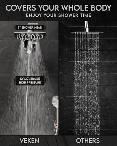 Image of Veken High Pressure Rain Shower Head Combo with Extension Arm - Easy to Install, Adjustable Dual Showerhead with 3 Spray Modes & Anti-Clog Nozzles - Chrome