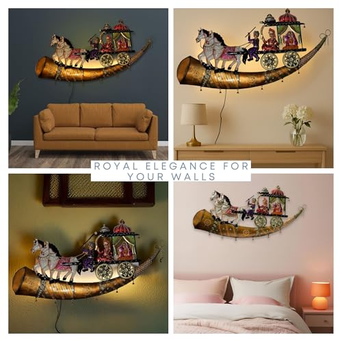 Traditional Indian Wall Decor – Iron Chariot with Horses & Royal Figures – Decorative Wall Hanging with Built-In Warm LEDs, Ethnic Metal Home Decor for Living Room, Diwali, Housewarming — photo — 7 of 9