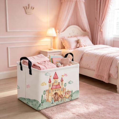Image of Rectangular Pink Princess Storage Basket,Cute Basket for with Handles for Room Decor,Gift Baskets,Girl pink room decor(Watercolor castle)