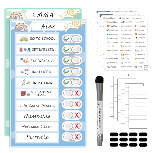 2 in 1 Namable Chore Chart for Kids, Dry Erase Morning/Bedtime Routine Chart for Kids for Refrigerator, Magnetic Visual Schedule for Kids Toddlers to Do List Checklist for Multiple Kids