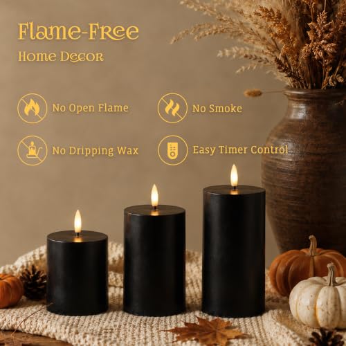 Image of JOIONE Black Flameless Pillar Candles with Remote, 3 Pack Halloween Decor | Battery Operated LED, Black Real Wax, Remote Control, Warm Flickering Glow, Safe Halloween Home & Party Decor