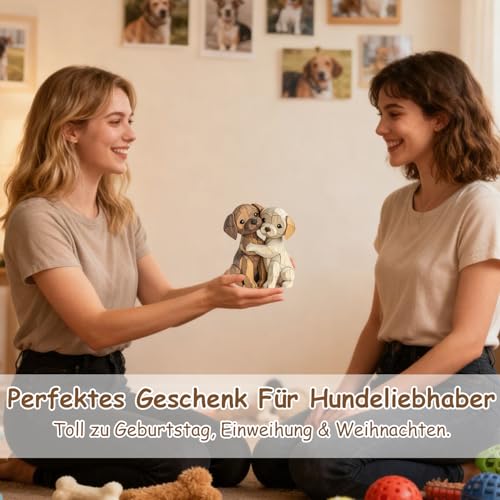 Komergave Hunde Holz Deko, 2D Flache Holzfiguren, Niedliches Hunde Holzfigur, Gemütliche Deko Figur Ornamente für Paare Kinder Frauen Männer für Büro Schreibtisch Bücherregal Badezimmer (cremefarben)
