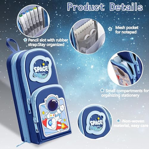 Image of Parshya Space Astronut Pencil Pouch for Boys | Large Capacity 3 Zipper Pencil Case with Multiple Compartments | Stationery Organizer for School Kids | Durable Fabric, Cute Space Travel Design