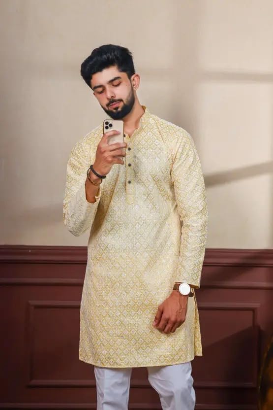 Image of LookMark Men's Printed Silk Blend Kurta with Mandarin Collar, Full Sleeves, Straight Fit Traditional Ethnic Wear