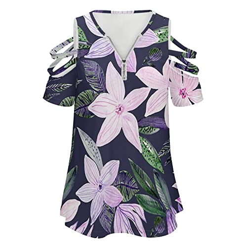 KccOsg Túnica feminina para usar com leggings, túnicas florais com ombro vazado, ajuste solto, zíper