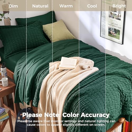 Image of HYMOKEGE Emerald Green Twin XL Comforter Set Seersucker 5 Pieces, All Season Luxury Bed in a Bag for Bedroom, Bedding Set with Comforter, Sheets, Pillowcase & Sham