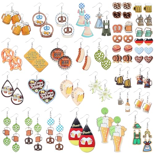 Nosiny 36 Pairs Oktoberfest Earrings, German Beer Festival Salted Pretzel Beer Mug Earrings Funny Cute Drop Dangle Oktoberfest Creative Costumes Outfits Accessories Festival Jewelry Gifts for Women