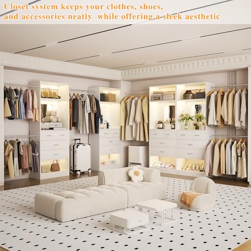 Unikito Closet Systems, 6-14FT Walk in Closet Organizer with 8 Drawers and Mirror, 168" Large Wood Closets Insert with Tower, Sturdy Wardrobe Closets Garment Rack with Extendable Hanging Rods, White - Image 3