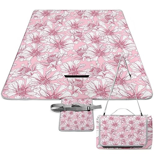 Pink-Pattern Picnic Blanket Waterproof Foldable, Large Outdoor Picnic Blanket Beach Blankets Camping Blanket Travel Mat, Shoulder Strap Tote, Rectangle 58x58in