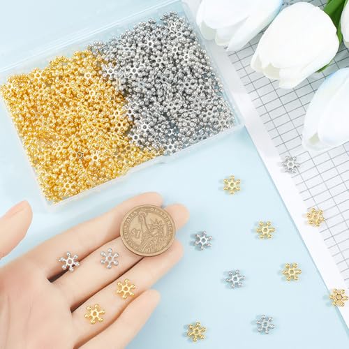SOFPLATE 1 Box 400Pcs Snowflake Spacer Beads Silver Metal Bead Bulk Tibetan Alloy Gold 10mm Mini Flower Winter Christmas Snow Flake Spacers for jewellery Making Bracelets Earrings DIY Crafts - Image 3