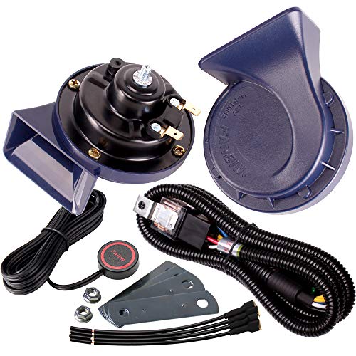 FARBIN Horn 12V Car Horns Loud Dual-Tone Waterproof Auto Horn Electric Snail Horn Kit with Relay Harness and Switch Button,Universal for Any 12V Vehicles (Blue horn with wire harness and button, 12v)