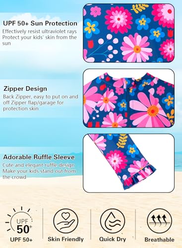Image of Alakuoti Long Sleeve One Piece Ruffle Swimsuit for Toddler Girls Baby Girl Rashguard Shirt with UPF 50+ Sun Protection