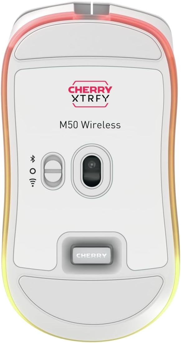 Bottom view of the CHERRY XTRFY M50 Wireless Gaming Mouse showing the sensor, power/mode switch, and branding.