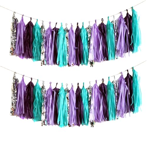 Image of Teal Purple Lavender Silver Tissue Tassel Garland for Girl, Banner for Summer Theme Party Decorations,Pack of 20