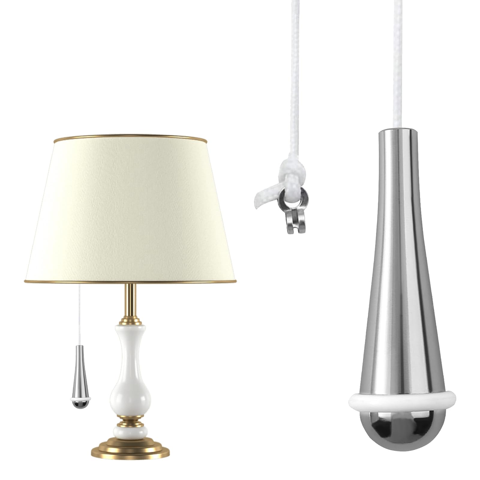 Asiryva Silver 1 Pcs Bathroom Light Pull, Chrome Teardrop Pull Cord Handle With 150Cm White Nylon String Extension For Bathroom Toilet Ceiling Light Fan Blind