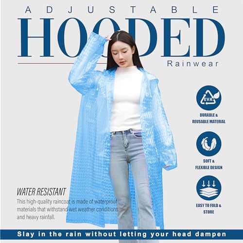 Image of HACER Hooded Raincoat for Women EVA Waterproof Full Length Long Sleeves Lightweight Rainwear with Hood for Adults Camping Hiking Trekking (Pack of 1, Blue, Free Size)